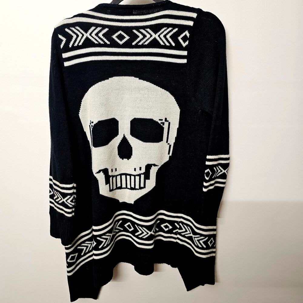 Karma Blue Black Skull Open Front Cardigan Medium M Aztec Knit Goth